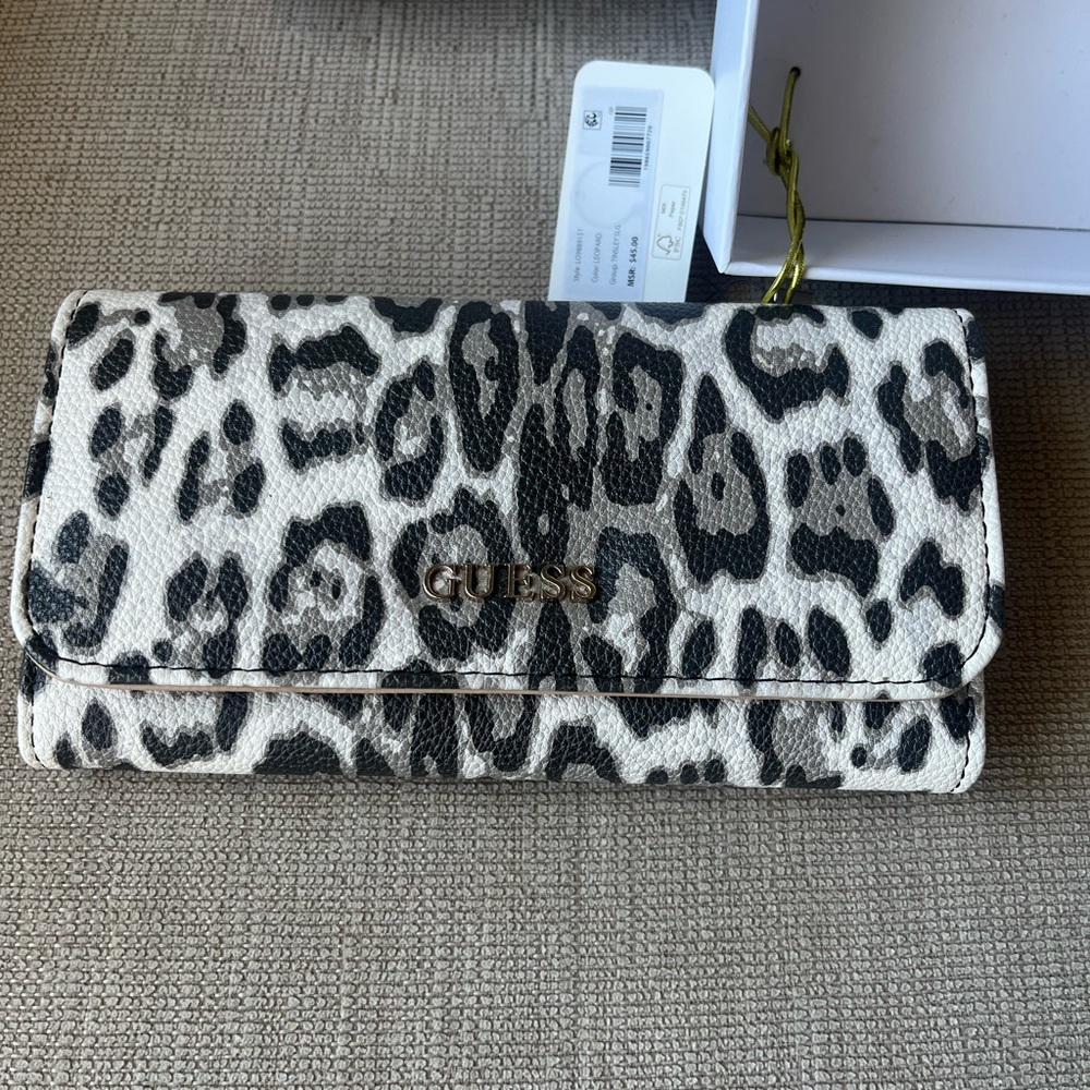 GUESS- “Tinsley” Black and White Leopard Print Women's Wallet - Picture 2 of 7
